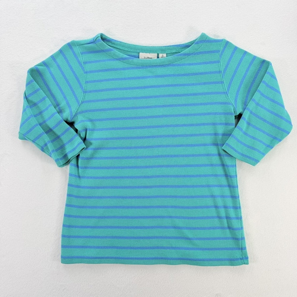 L.L. Bean Shirt Womens Petite Small Green Striped Boat Neck 3/4 Sleeve Knit